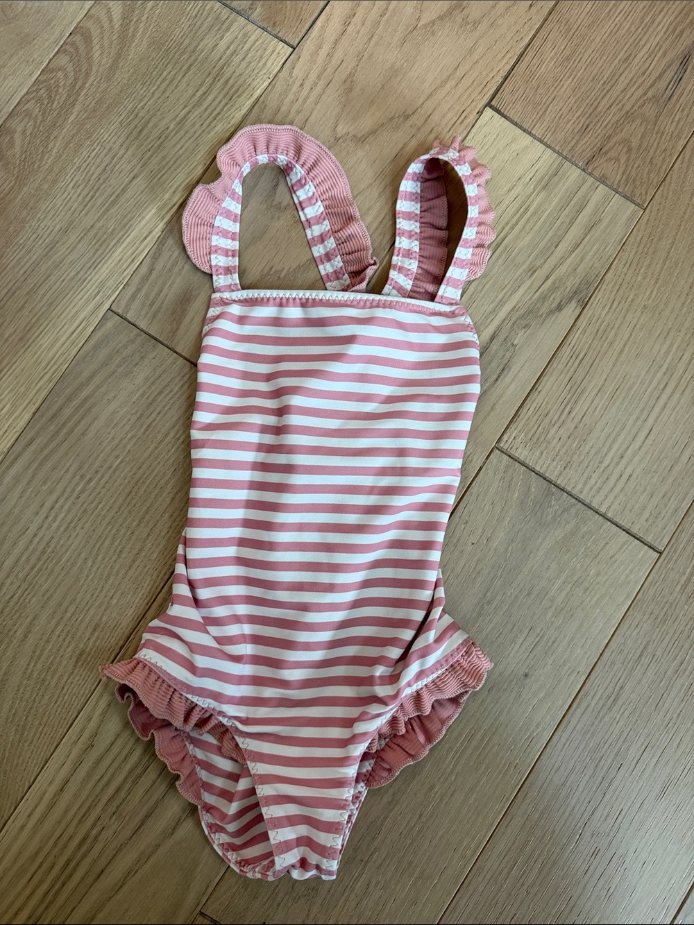 Girls' Pink & White Stripe Ruffle One-Piece Swimsuit